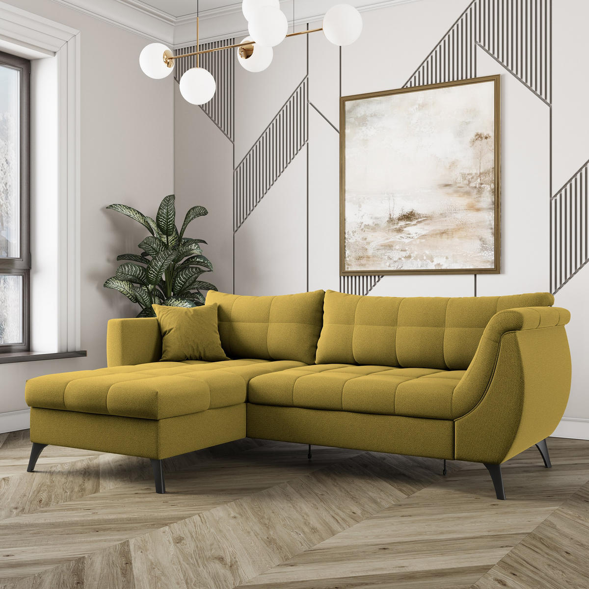 ECKSOFA MOLLIS Gelb Geflochtener-Stoff mit Schlaffunktion - Gelb, Holz (241/154cm) - MASSENO