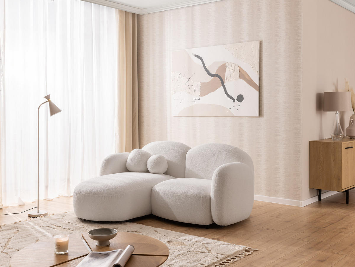 ECKSOFA Nuvola mit abgerundetem Design Weiß Bouclé-Stoff - Ottomane Links - Schwarz/Weiß, Holz/Kunststoff (190/146cm) - S-Style Möbel