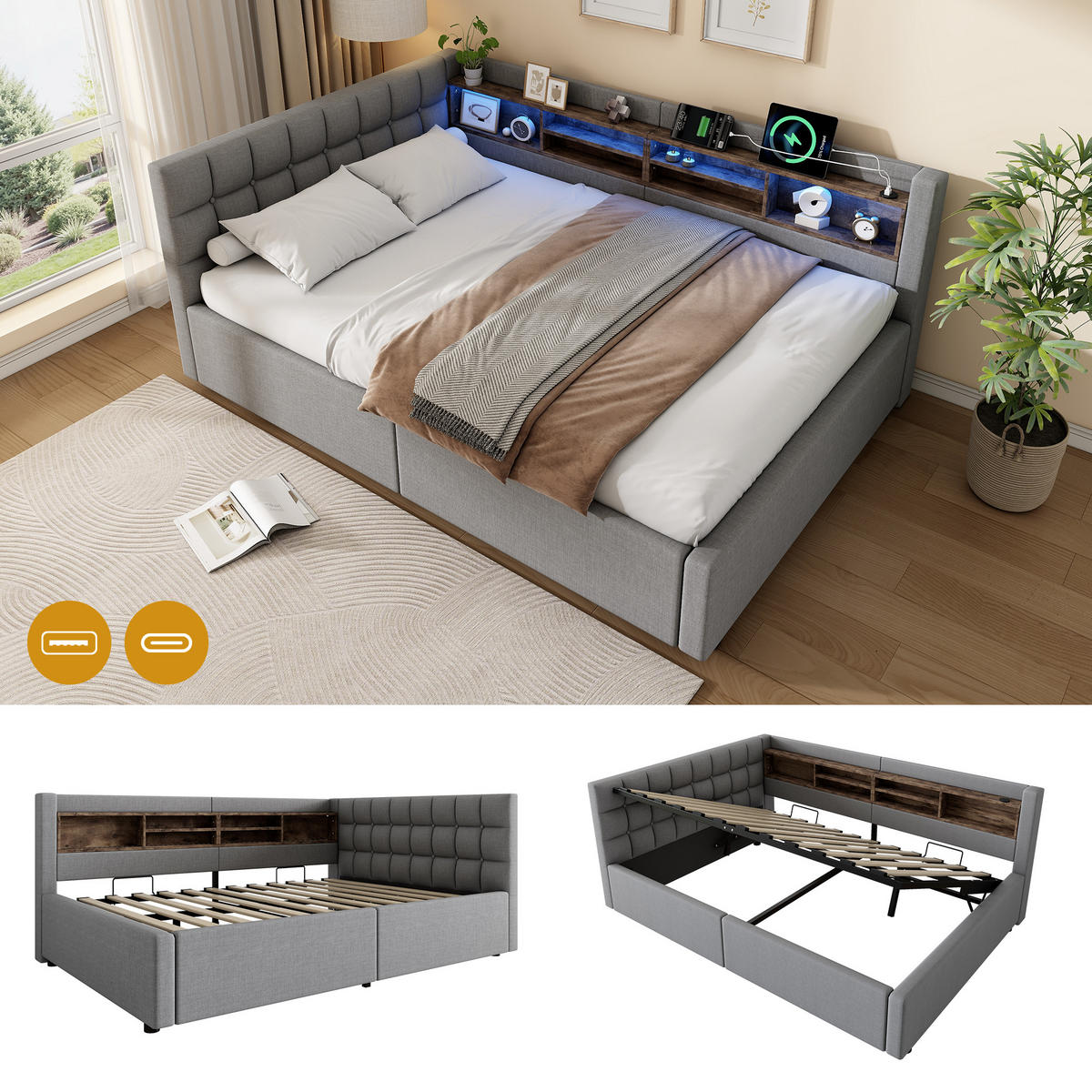 DENNÍ POSTEL 140x200cm Pohovka Úložná LED USB Šedá - šedá, přírodní materiály (140/200cm) - FLIEKS