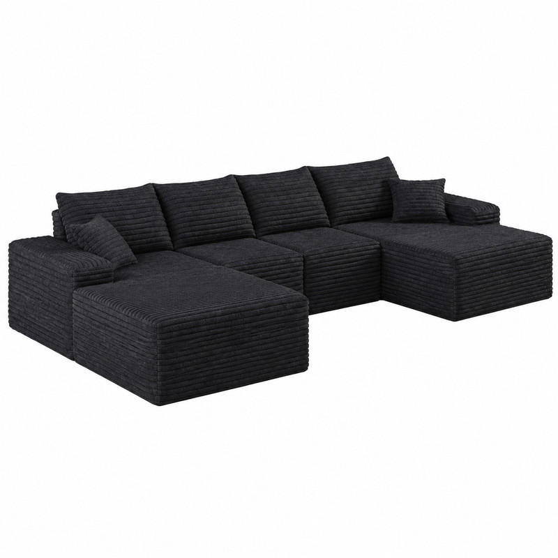 SOFA Ecksofa mit Chaiselongue 340 cm Cordstoff Schwarz - Schwarz, Kunststoff (175/83/270cm) - Meubliv