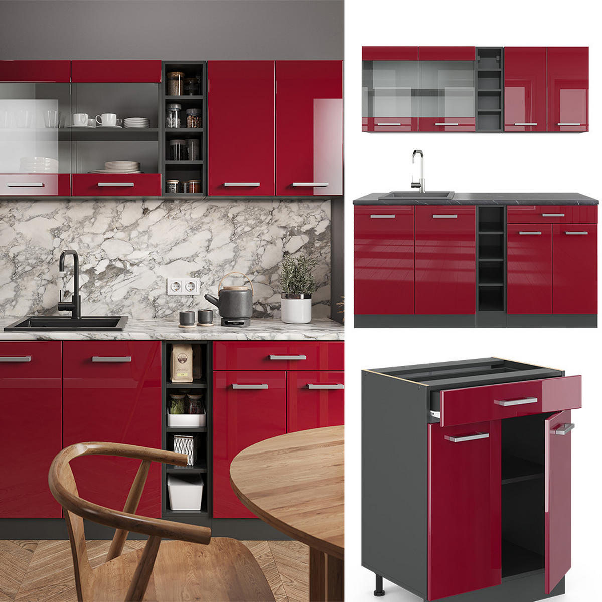 SINGLEKÜCHE R-Line Rot Hochglanz/Anthrazit 160 cm ohne Arbeitsplatte - Anthrazit/Rot, Holzwerkstoff (160/81.6/46cm) - Vicco