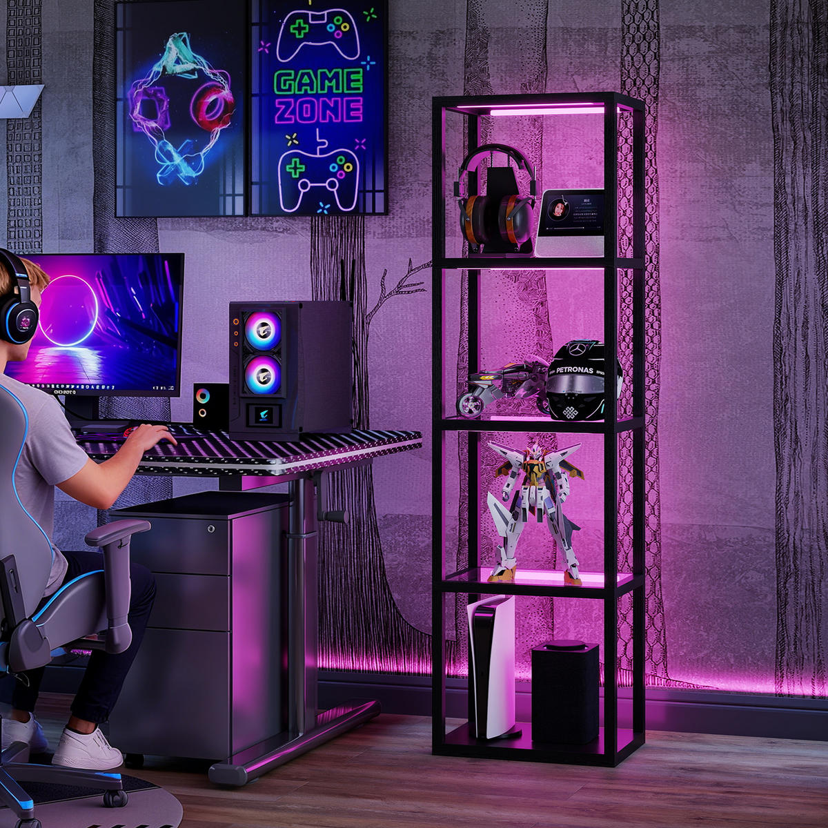 RGB Stehlampe mit Glasregalen, 4-Ebenen-LED-Stehleuchte mit Fernbedienung - Schwarz, Holzwerkstoff (45/29/157cm) - HOMCOM