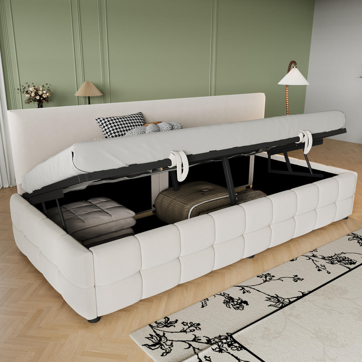 SAMT-POLSTERBETT 90/200 cm mit Bettkasten und gepolsterter Rückenlehne - Beige, Textil (90/200cm) - BEAOK