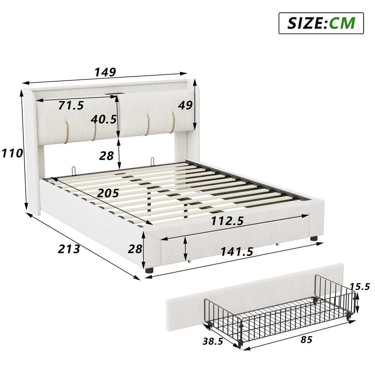 POLSTERBETT 140 x 200 cm, mit USB-Anschluss und LED-Beleuchtung, 2 Schubladen und hydraulischem Stauraum, beige, Samt. - Beige, Holz (140/200cm) - WoodenAura