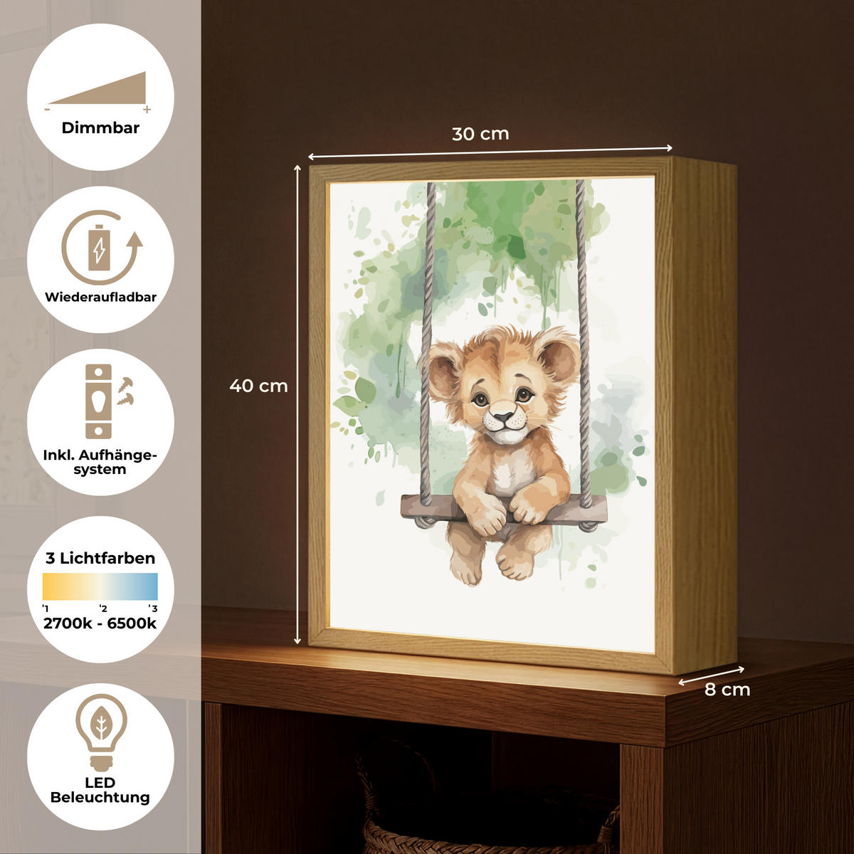 NACHTTISCHLAMPE MIT AKKU Löwe - Tier - Kinder - Dschungel 30x40 cm - Weiß, Holzwerkstoff (8/30/40cm) - OnlyWow