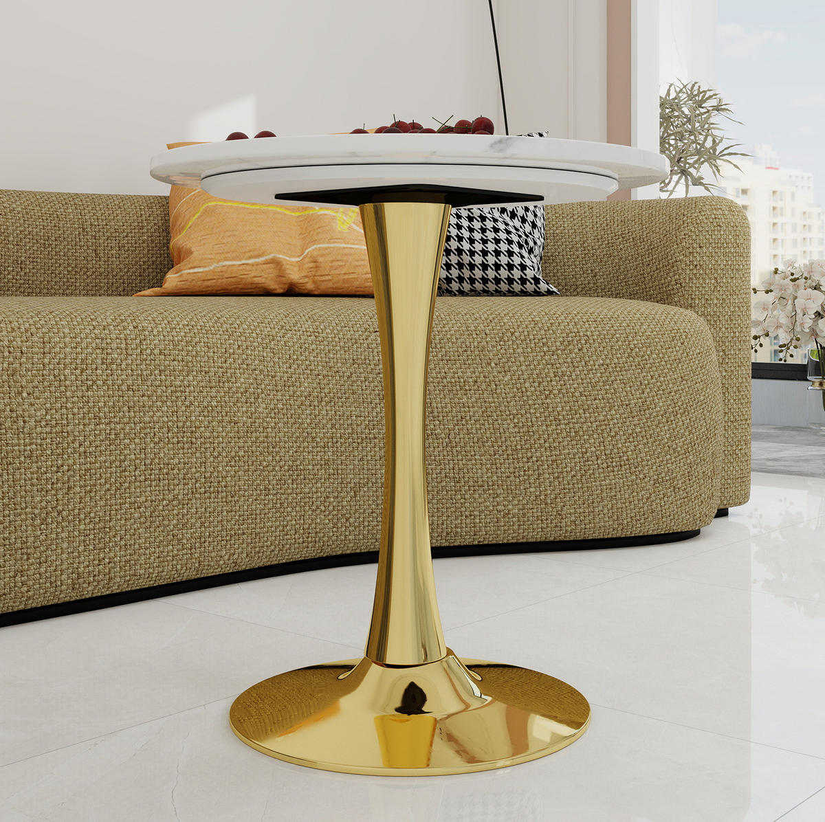 COUCHTISCH 70,1 cm in Gold-Weiß aus Kunstmarmor–rund und vielseitig - Goldfarben, Stein (70/70/72cm) - Flora Grace