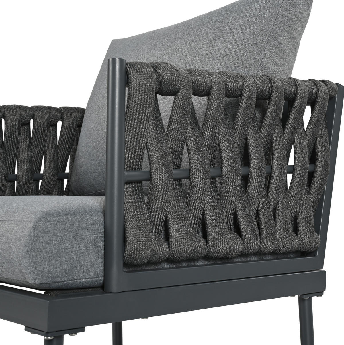 GARTENLOUNGE-SET 4-teilig mit 3-Sitzer-Sofa, 2 Sesseln, Glastisch und Seilarmlehnen aus verzinktem Stahl, Grau - Grau, Textil - Redom
