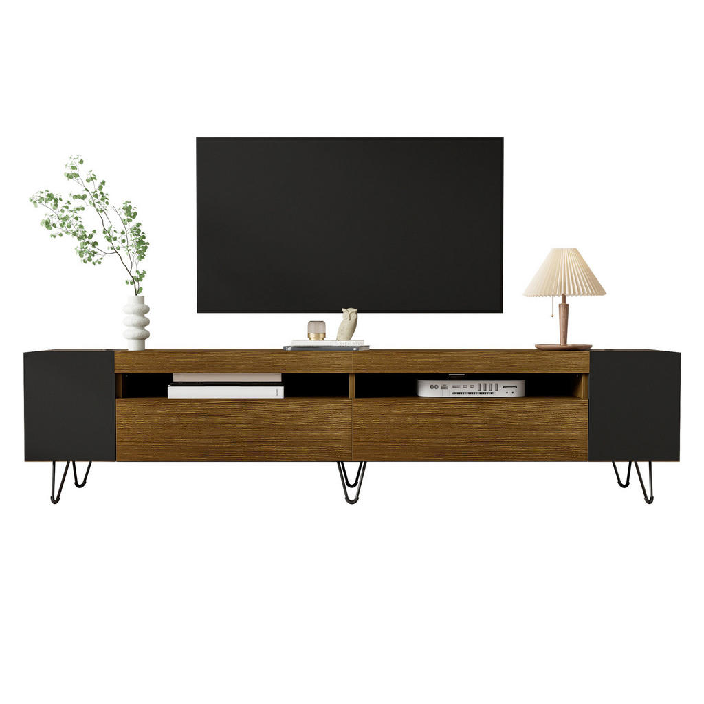 OKWISH TV stolek 180/36/43 cm černý a dekor dřeva z MDF a dřevotřískové desky s úložnými přihrádkami