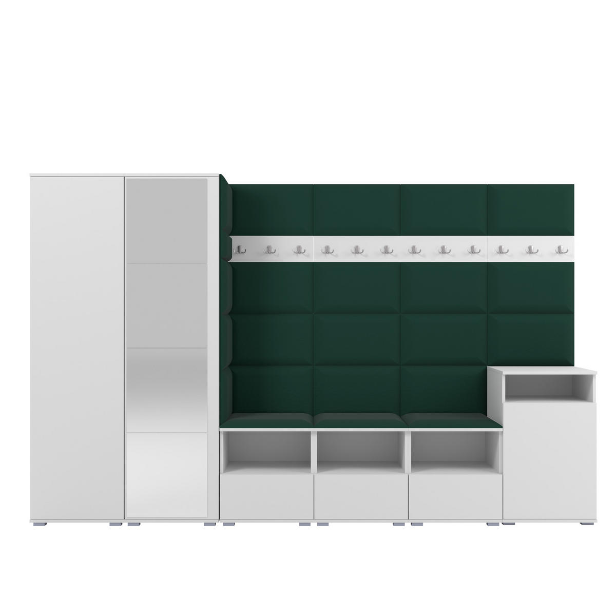 GARDEROBE NELA XII 300 cm (Modulare Flurmöbel Weiß mit Spiegel & Sitzpolster Flaschengrün 28 Gigantisches Set) - Dunkelgrün/Silberfarben, Holz/Holzwerkstoff (300/187/40cm) - Ravio