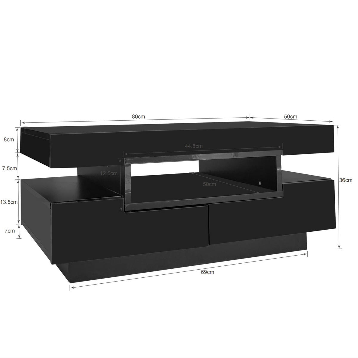 COUCHTISCH 80/50/36 cm in Schwarz Hochglanz mit LED-Beleuchtung und Schubladen - Schwarz, Holzwerkstoff (80/50/36cm) - Flora Grace