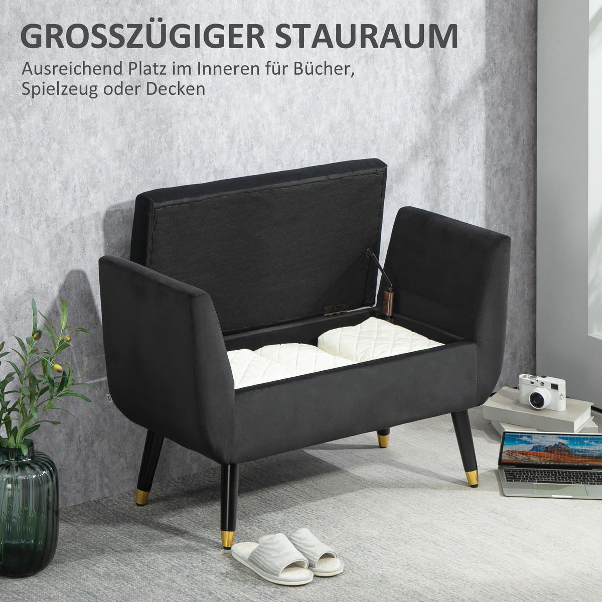 LUXUS Sitzbank Polsterbank mit Stauraum Armlehnen Polyester Holz Dunkelgrau - Dunkelgrau, Kunststoff (42/65/107cm) - HOMCOM