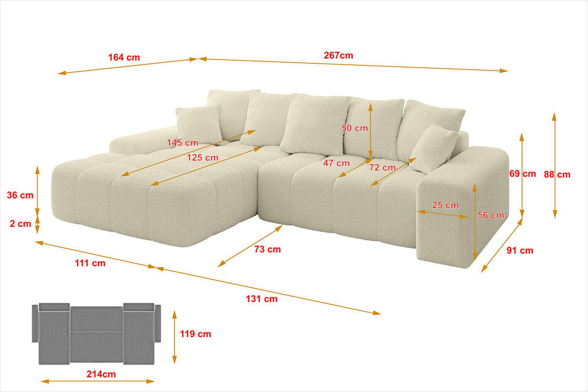 ECKSOFA Ottomane Links ENSI-L - 267x164x88 cm Creme - Creme, Holzwerkstoff/Kunststoff (267/164cm) - ALTDECOR