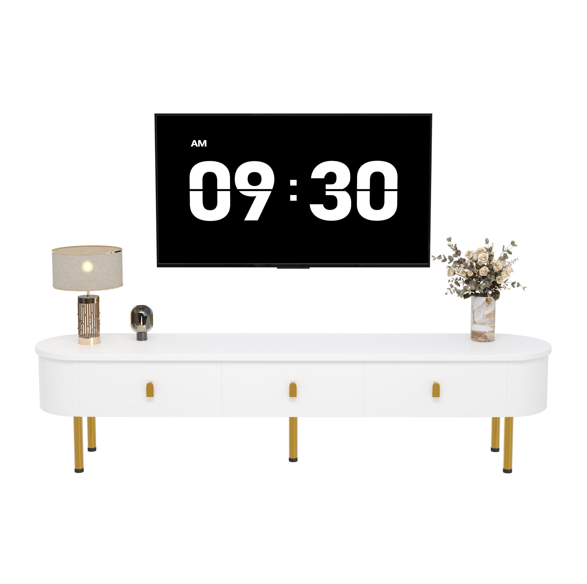 Modfu TV stolek z MDF 174x35x41 cm bílá se 3 zásuvkami, zlatými úchytkami a nohami, zaoblené hrany