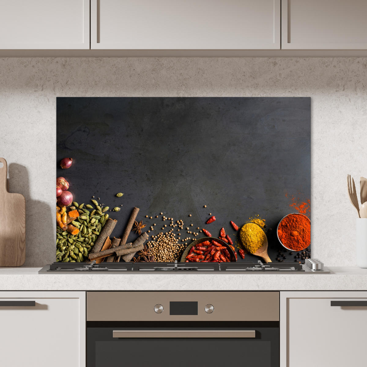 SPRITZSCHUTZ KÜCHE Kräuter - Lebensmittel - Gewürze - Schwarz - Paprika - Zimt 80x55 cm - Currygelb, Metall (80/0.3/55cm) - MuchoWow