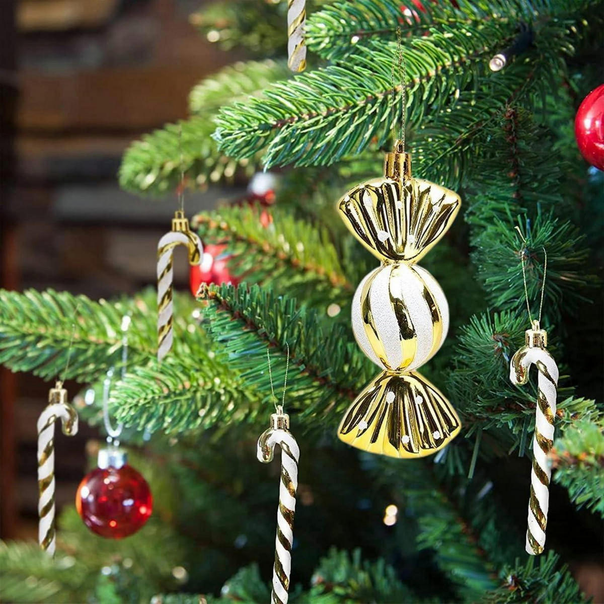 WEIHNACHTSANHÄNGER 18-teiliges Set Zuckerstangen & Kugeln Gold-Weiß - Goldfarben, Kunststoff (5/3/14cm)