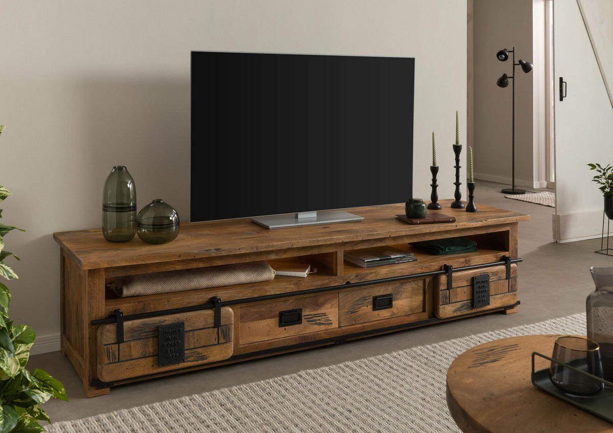 TV-BOARD Mango / Altholz 220x55x50 natur lackiert RAILWAY LUX #132 - Naturfarben, Holz (220/50/55cm) - Massivmoebel24