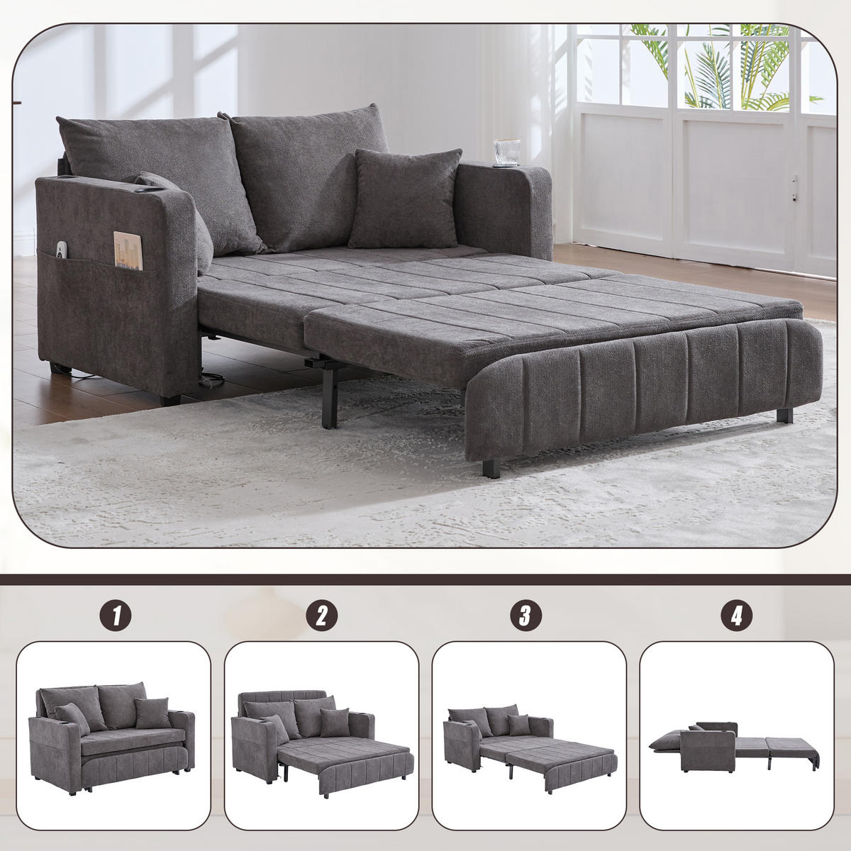 2-SITZER SCHLAFSOFA Chenille Grau mit Kissen, Aufbewahrungstasche, USB und Getränkehaltern - Grau, Textil (139/83/200cm) - WISHDOR