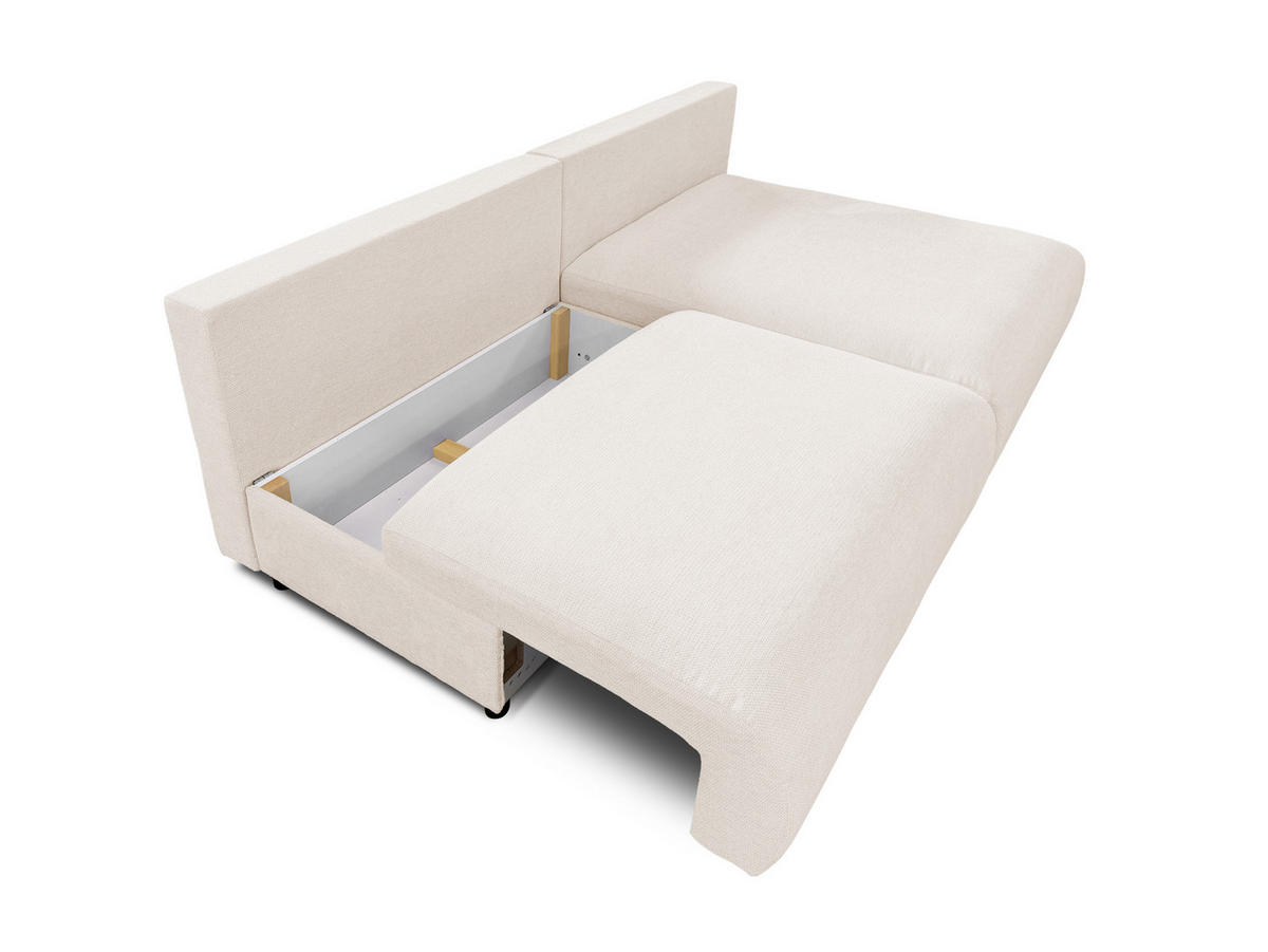 ECKSOFA Sora mit Schlaffunktion, Bettkasten und extra tiefer Komfortzone aus hochwertigem Creme Strukturstoff - Creme/Schwarz, Holz/Kunststoff (200/140cm) - S-Style