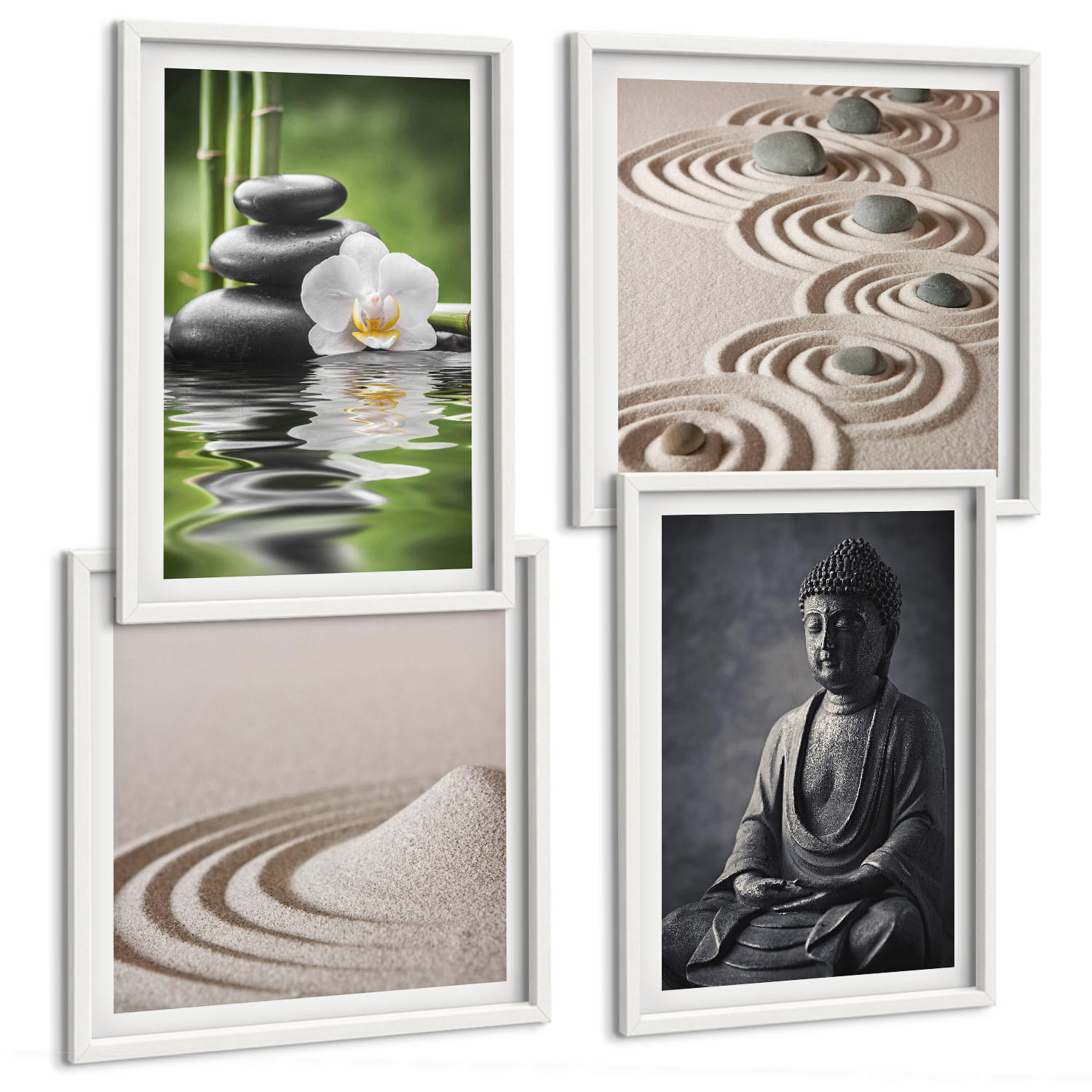 BILDER SET 4er Set - 50x50 cm & 40x60 cm Weißer Rahmen - Ein entspannter Buddha am Strand - Weiß, Kunststoff (50/50cm) - TULUP