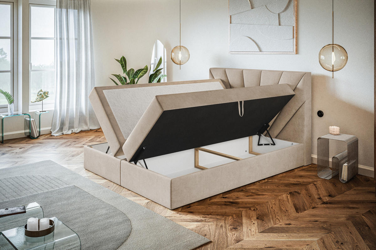 BOXBETT DENVER mit 2 Bettkästen, 180x200, Farbe: Grau, Velourstoff, Doppelbett mit Bonell-Matratze - Grau, Holz/Kunststoff (180/200cm) - Alpi-Möbel