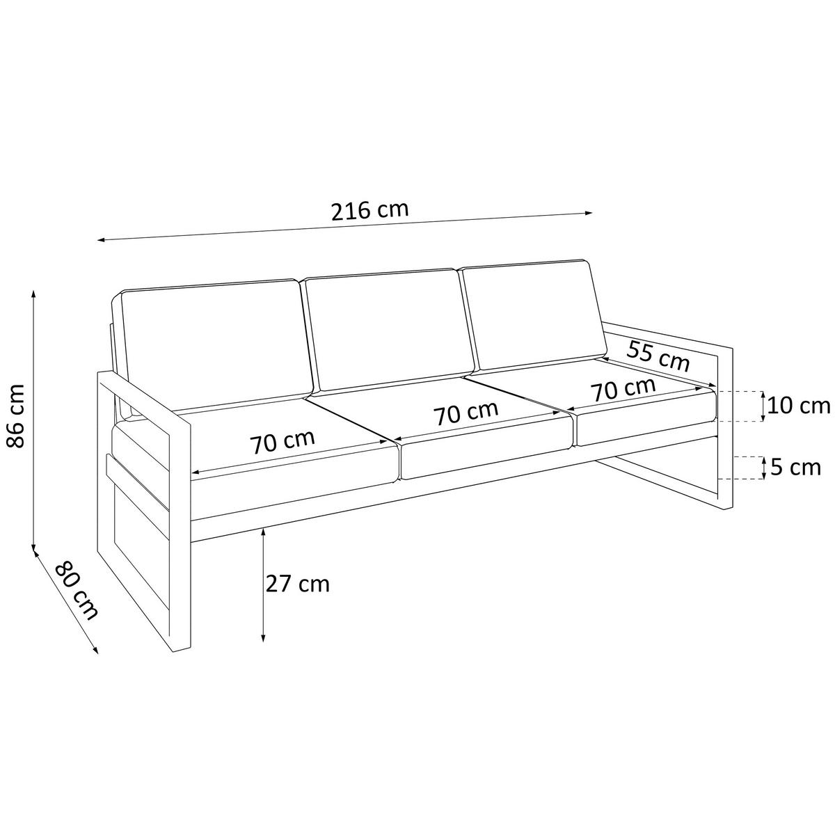 LOUNGESOFA Stella 3-Sitzer mit Metallrahmen, 216 cm, Beige - Beige/Schwarz, Metall (216/86/80cm) - Beautysofa