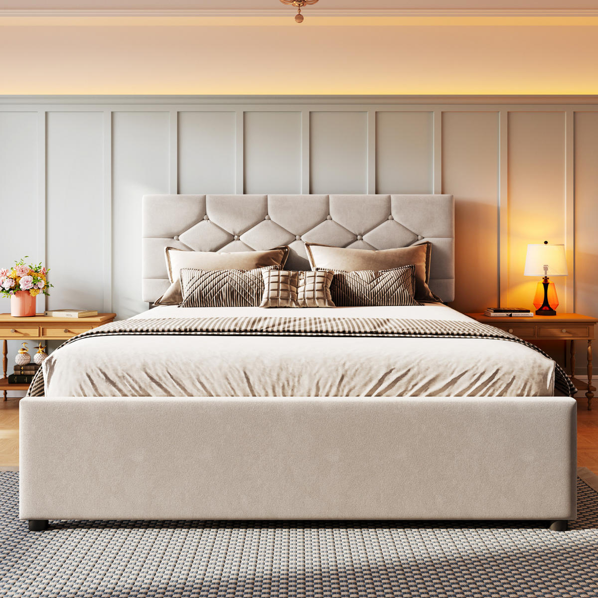 POLSTERBETT mit Rollbett 140x200 cm Samt Beige - Beige, Metall (140/200cm) - Meubliv