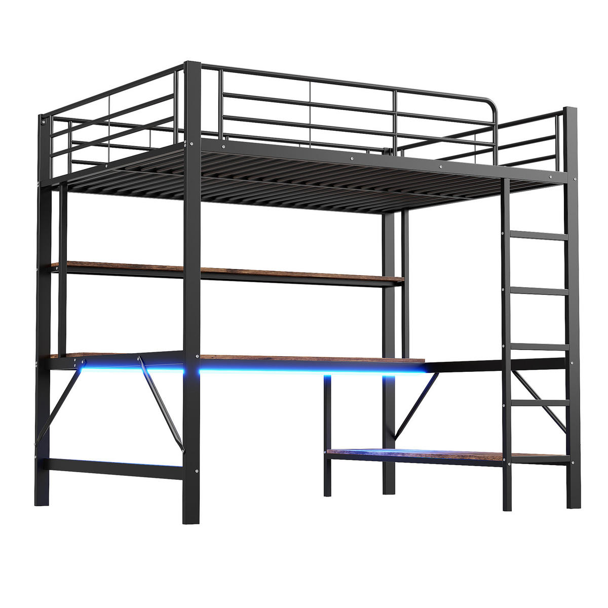 HOCHBETT 140/200 cm schwarz mit USB- und Steckdosenanschlüssen LED-Beleuchtung und Schreibtisch - Schwarz, Metall (140/200cm) - OKWISH