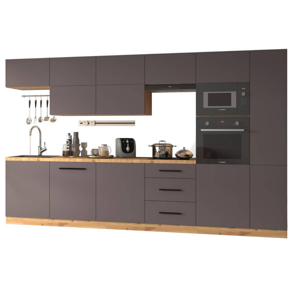 KÜCHENZEILE 340 - Langen KL1-M340 in Grau/Matt - Schwarz/Grau, Holz (340/212/58cm)