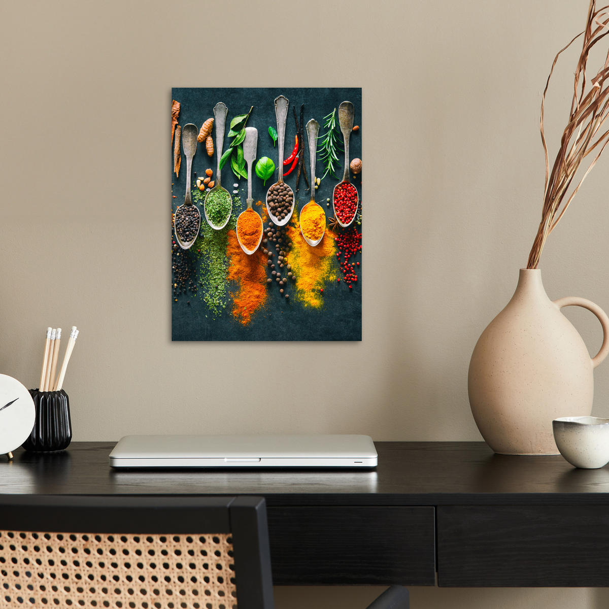 POSTER Kräuter - Gewürze - Löffel 30x40 cm - Currygelb, Papier (30/40/0.1cm) - MuchoWow