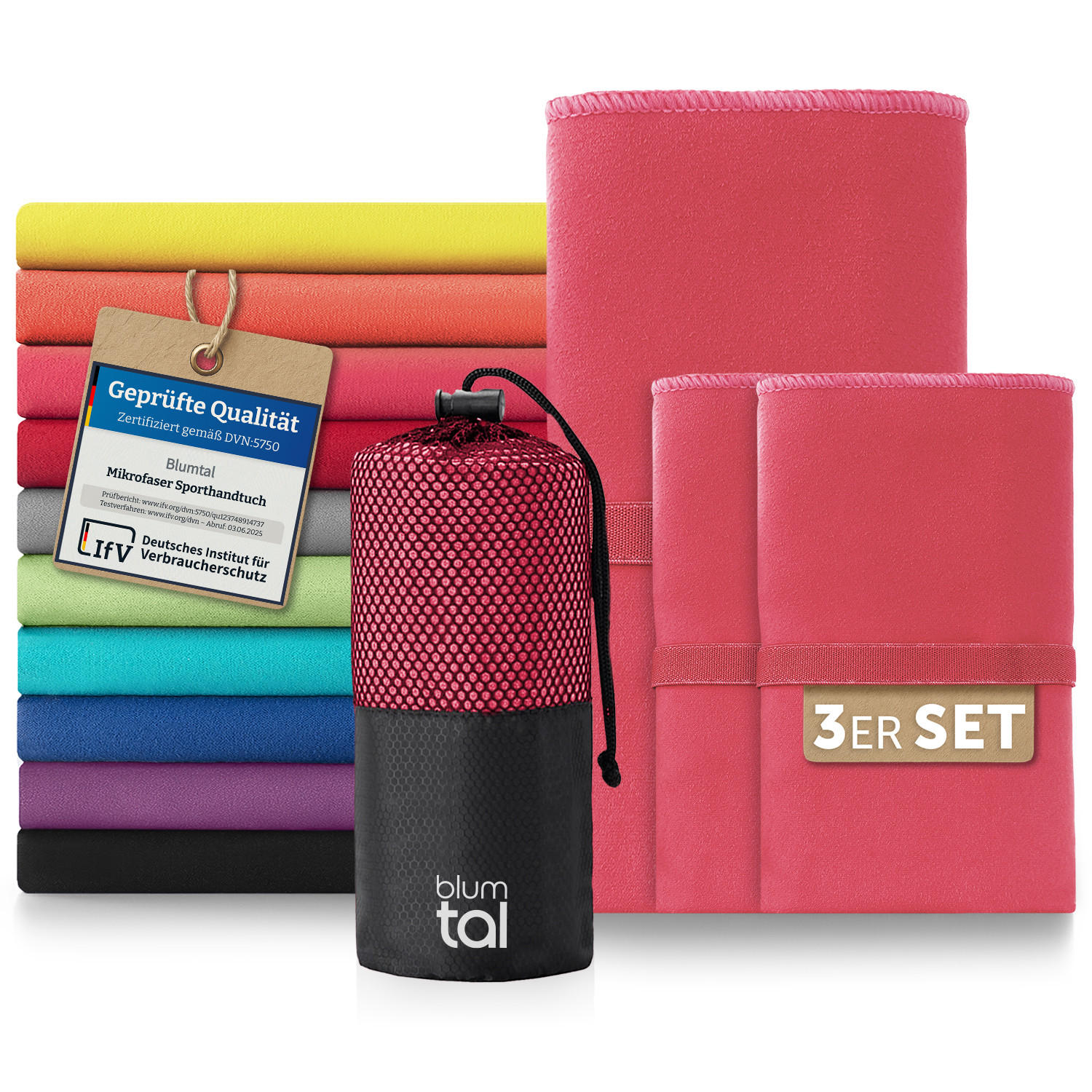 SPORTHANDTUCH microfiber 3er-Set , 180/90 cm & 2 x 80/40 cm, Pink - Pink, Textil (180/90cm) - Blumtal