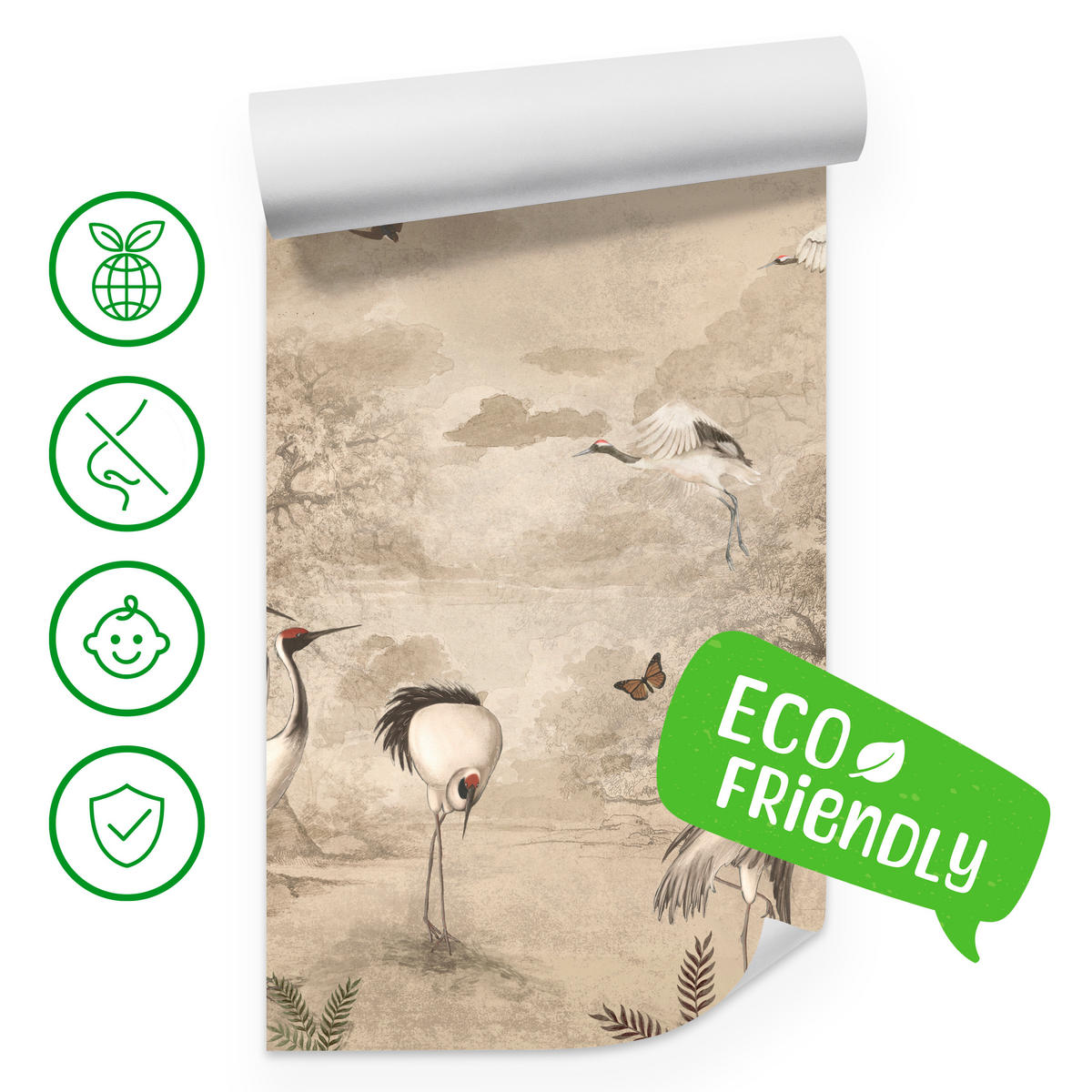 FOTOTAPETE für Schlafzimmer Retro Kraniche Wald Bäume Vögel 350x256 - Beige/Rot, Papier (350/256cm) - Muralo