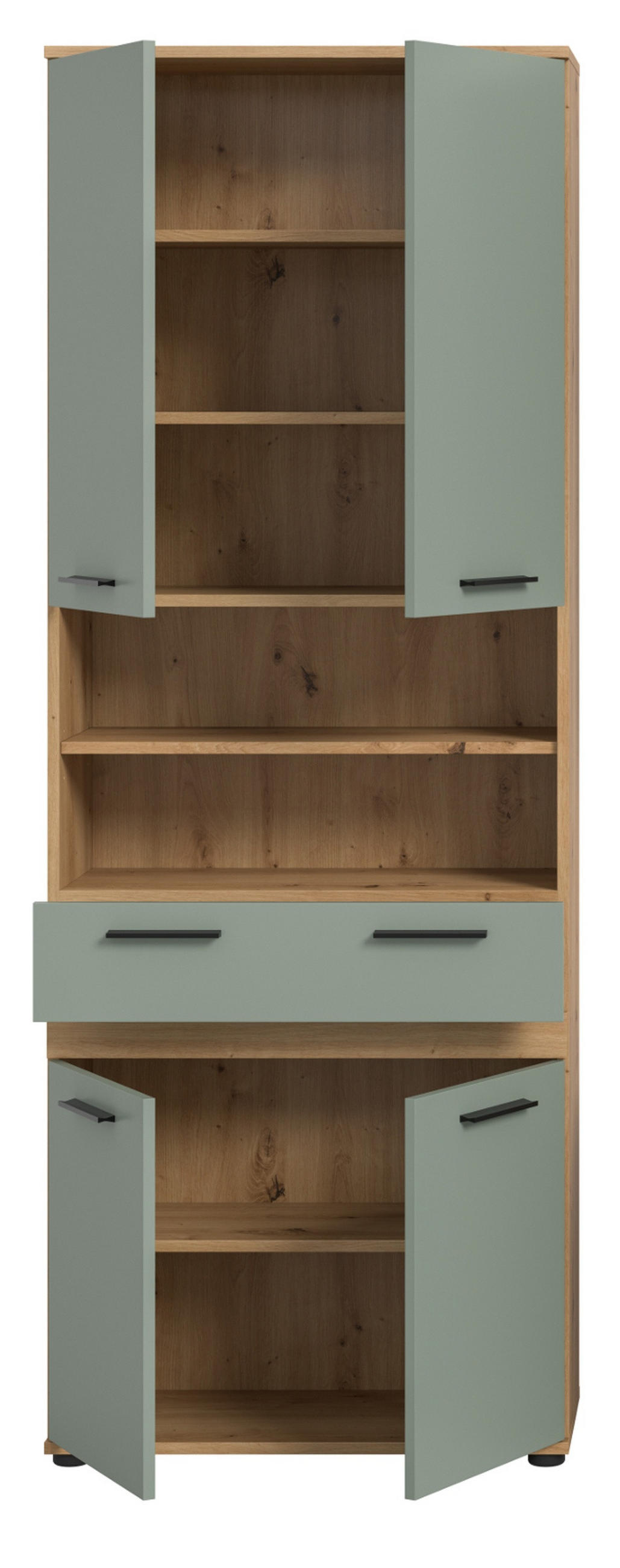 HOCHSCHRANK Salbei, Artisan Eiche 70 x 191 cm, Badschrank mit viel Stauraum - Salbeigrün/Schwarz, Holzwerkstoff/Kunststoff (70/191/31cm) - Inn.Furn