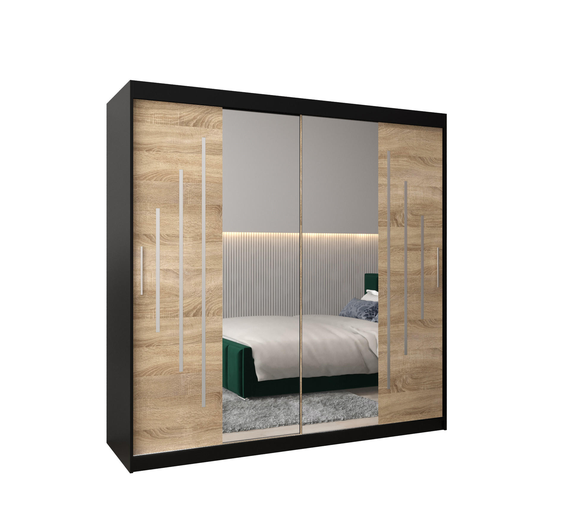 Abiks Möbel Schwebetürenschrank Schwarz, Sonoma Eiche 200x200x62 cm