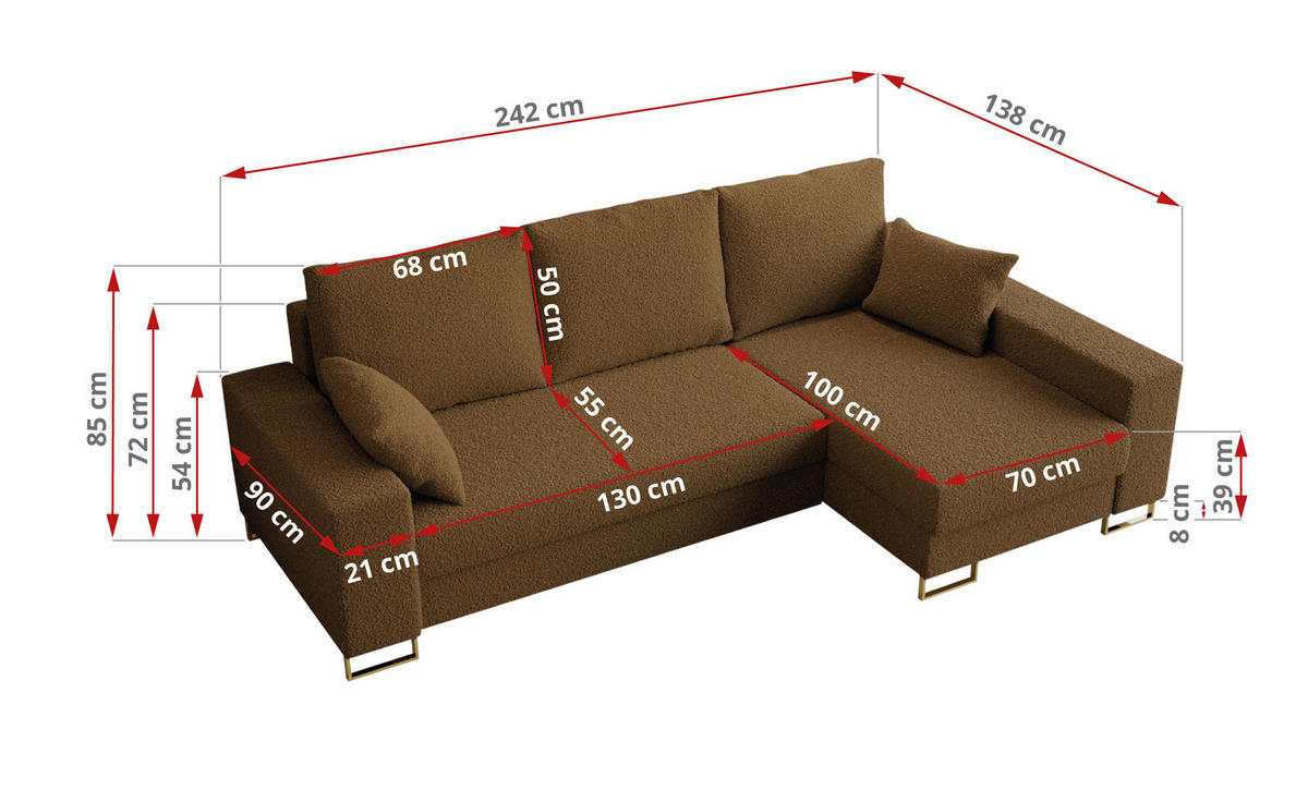 ECKSOFA Dorian Boucle Braun - Goldfarben/Braun, Textil/Metall (242/138cm) - MKS