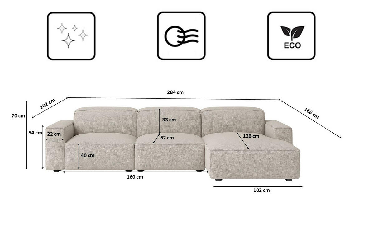 ECKSOFA Cursal L-Form, Stoff Artico, Nata, Rechts - Beige, Holz (284/166cm) - Kaiser Möbel