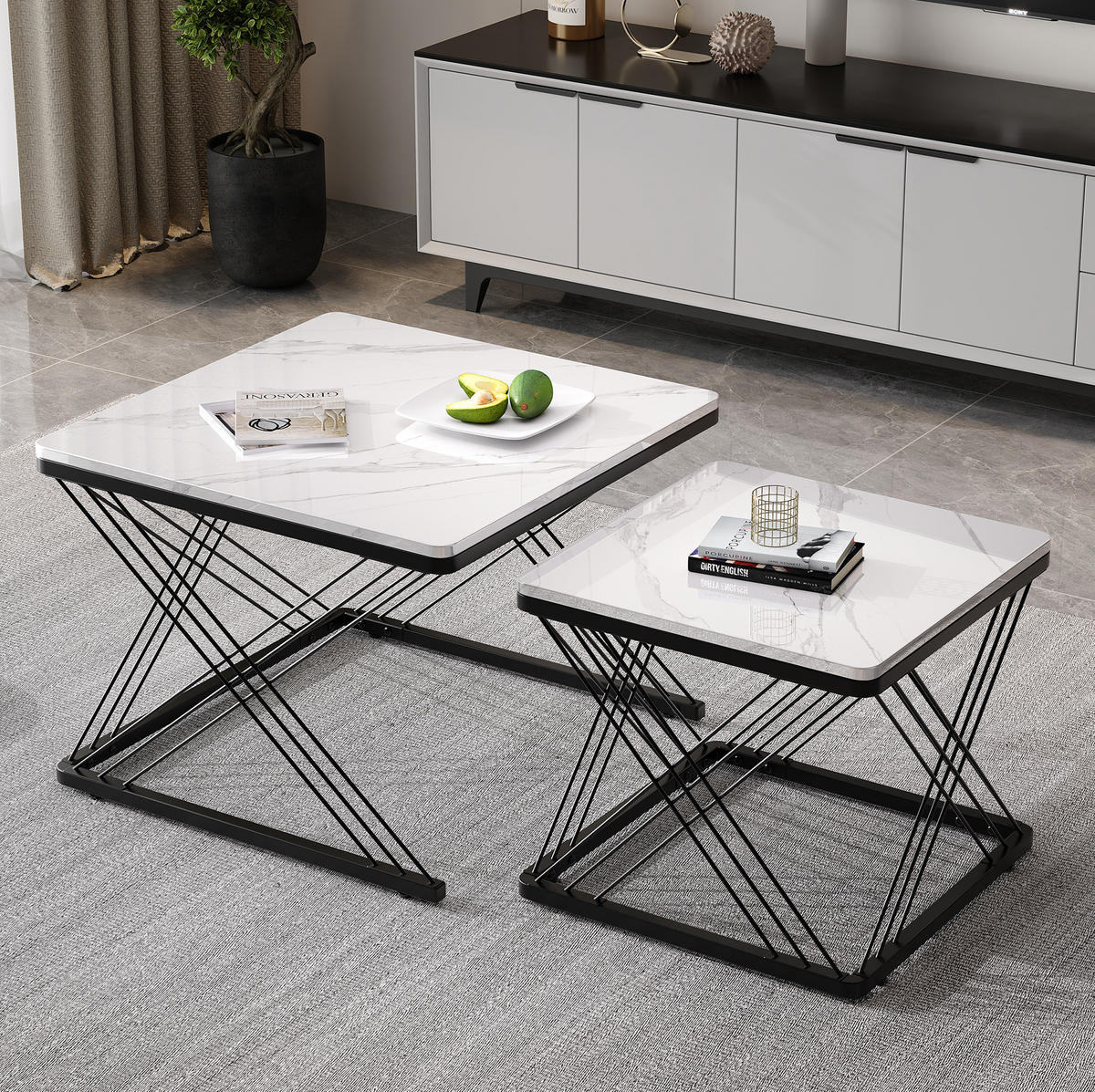 COUCHTISCH 2er-Set quadratisch 60x60 & 45x45 cm MDF Black White - Schwarz, Metall (60/60/45cm) - Meubliv