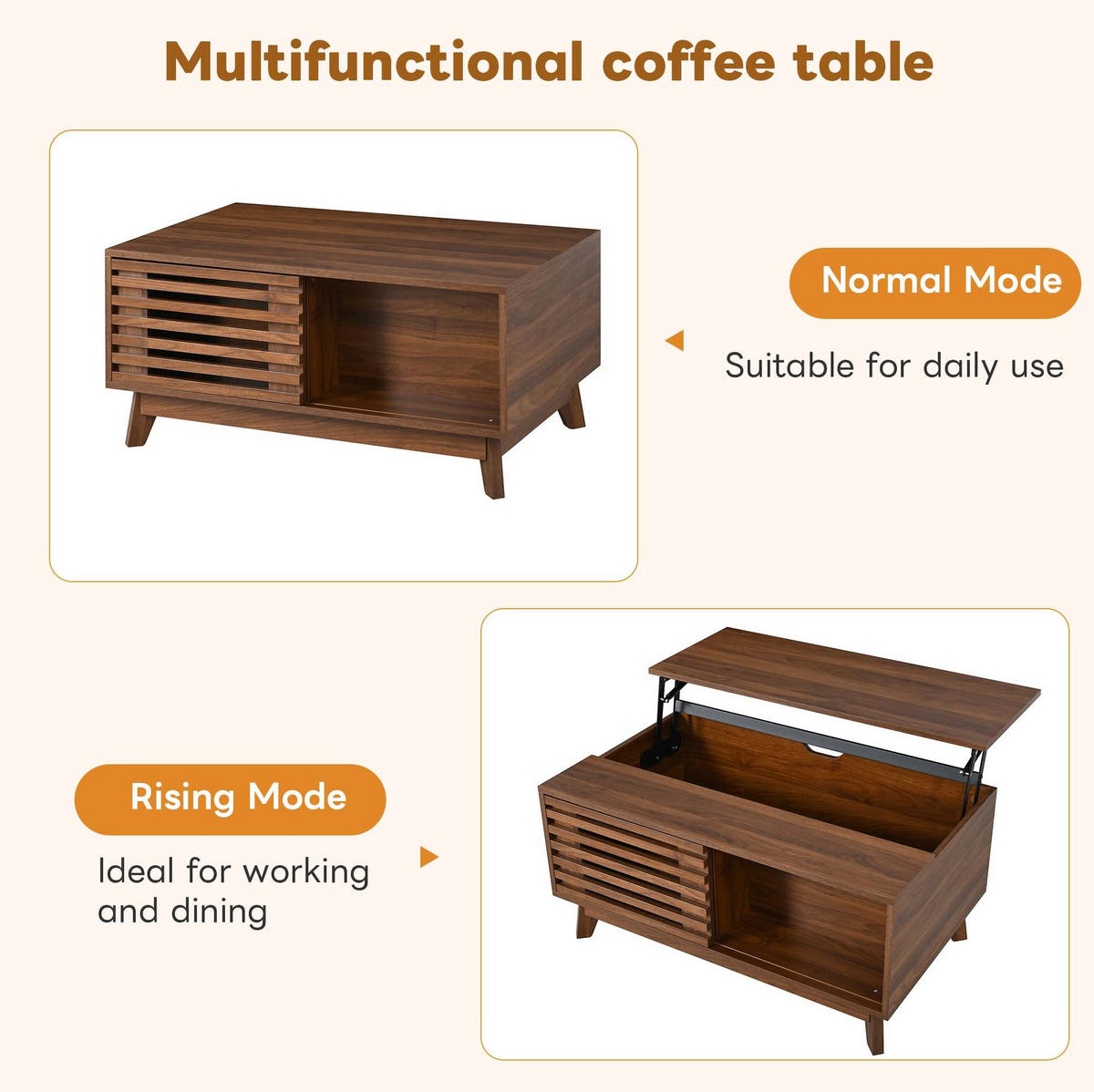 COUCHTISCH 90/55/57,5 cm aus MDF mit höhenverstellbarer Tischplatte und verschiebbarer Jalousietür, Nussbaum - Nussbaumfarben, Holzwerkstoff (90/55/57.5cm) - Redom