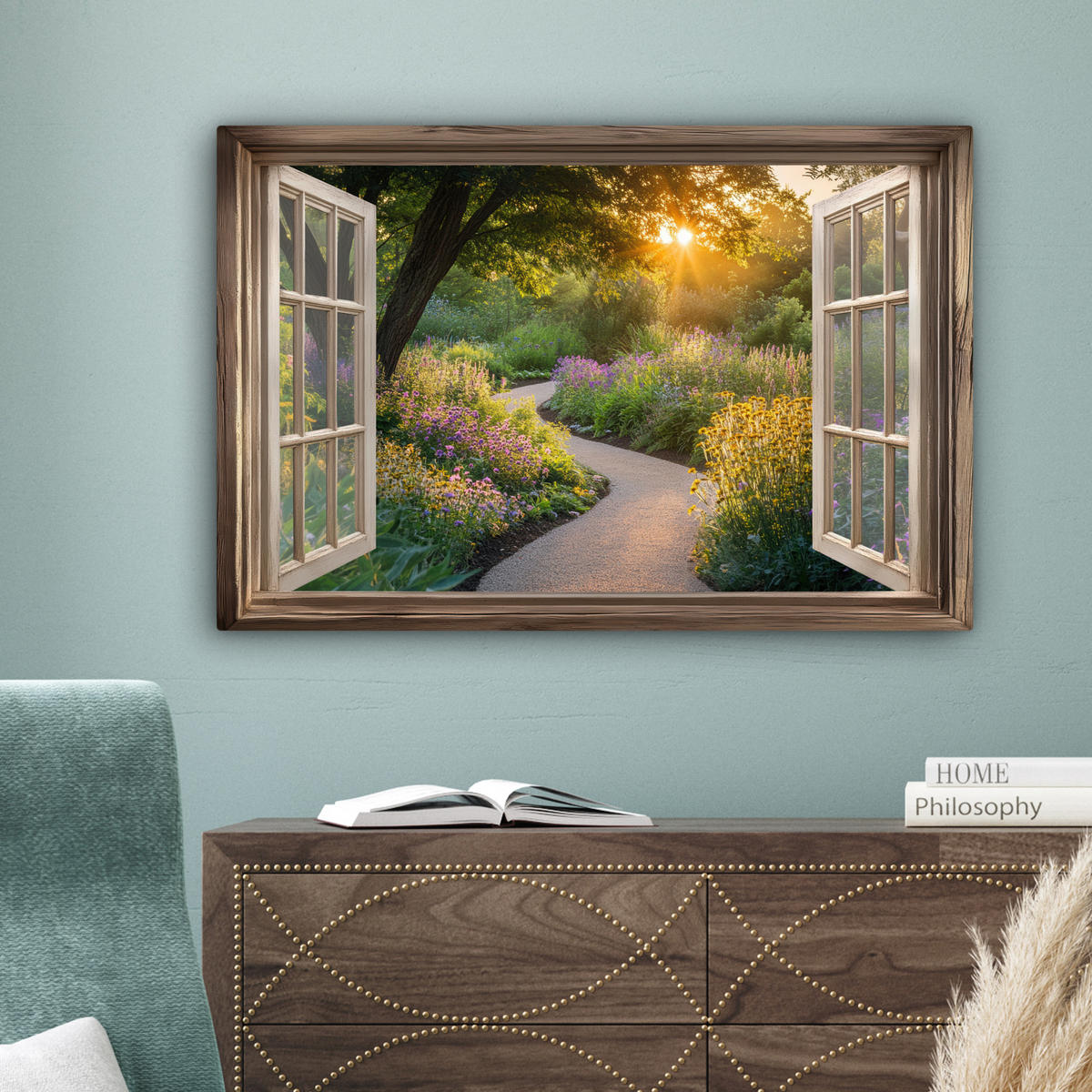 LEINWANDBILD Aussicht - Blumen - Natur - Sonne - Weg Gemälde 60x40 cm - Hellgelb, Textil (60/40cm) - MuchoWow