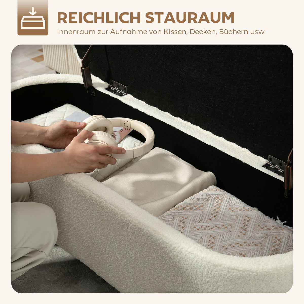 SITZBANK mit Stauraum Sitztruhe mit hochklappbarem Deckel, Fleece-Optik Creme - Creme/Schwarz, Textil (40/48/114.5cm) - HOMCOM