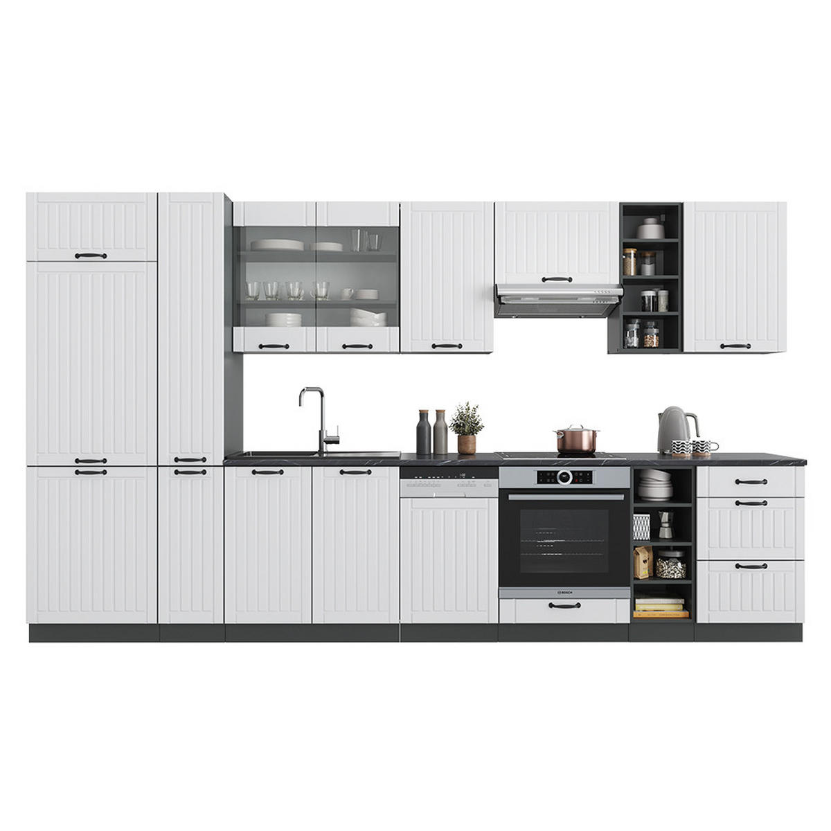 KÜCHENZEILE Fame-Line Weiß Landhaus/Anthrazit 355 cm, AP Eiche - Anthrazit/Creme, Holzwerkstoff (355/81.6/60cm) - Vicco