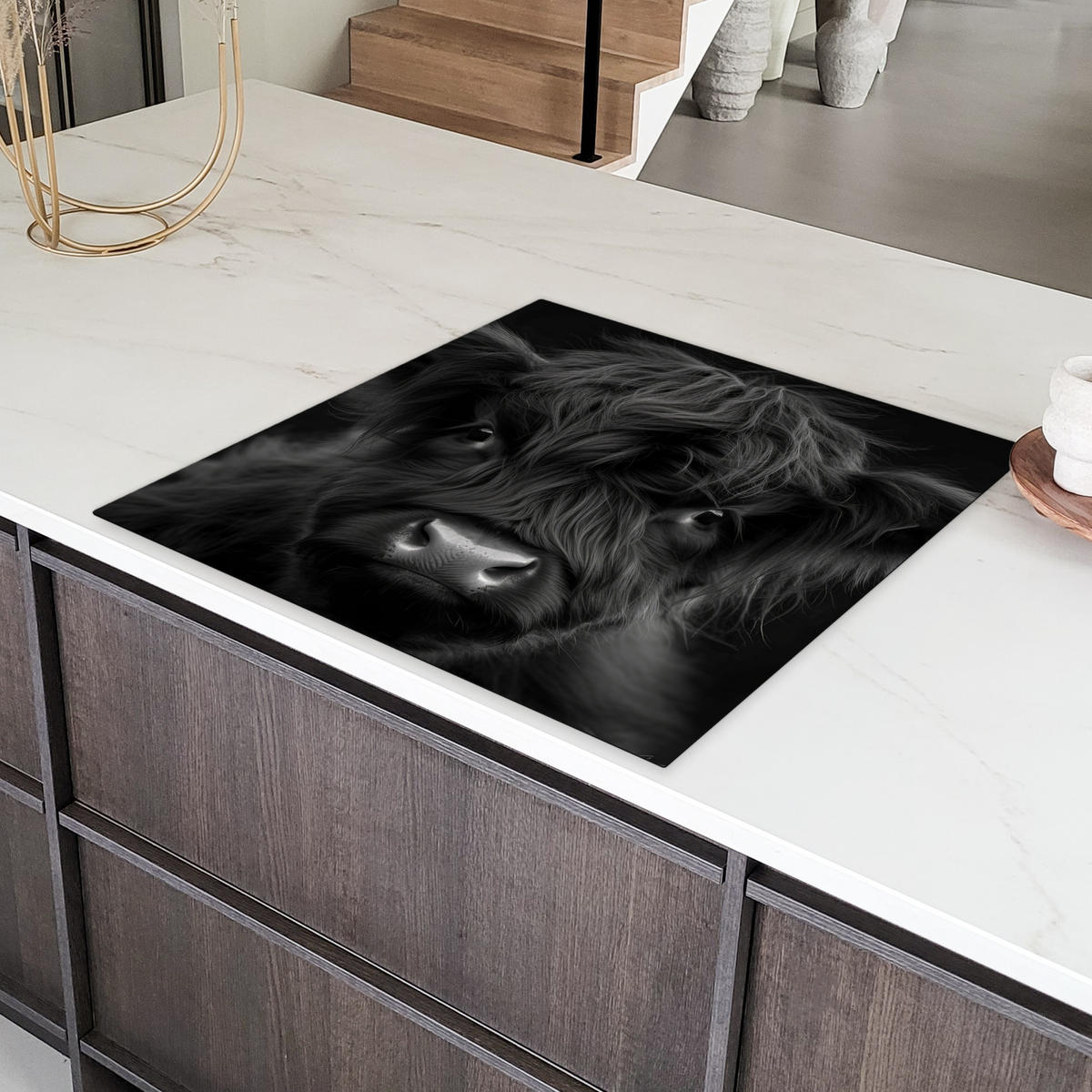 HERDABDECKPLATTE Scottish Highlander - Schwarz - Kalb - Kuh Induktionsmatte 78x78 cm - Schwarz, Kunststoff (78/78/0.2cm) - MuchoWow