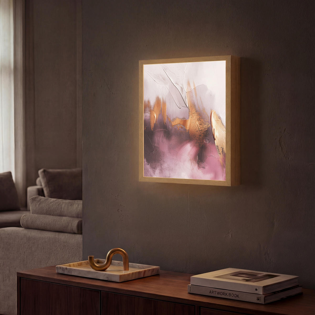 NÁSTĚNNÁ LAMPA S AKUMULÁTOREM Fialová - abstraktní - barva - zlatá 30x40 cm - světle fialová, kompozitní dřevo (30/40/8cm) - OnlyWow