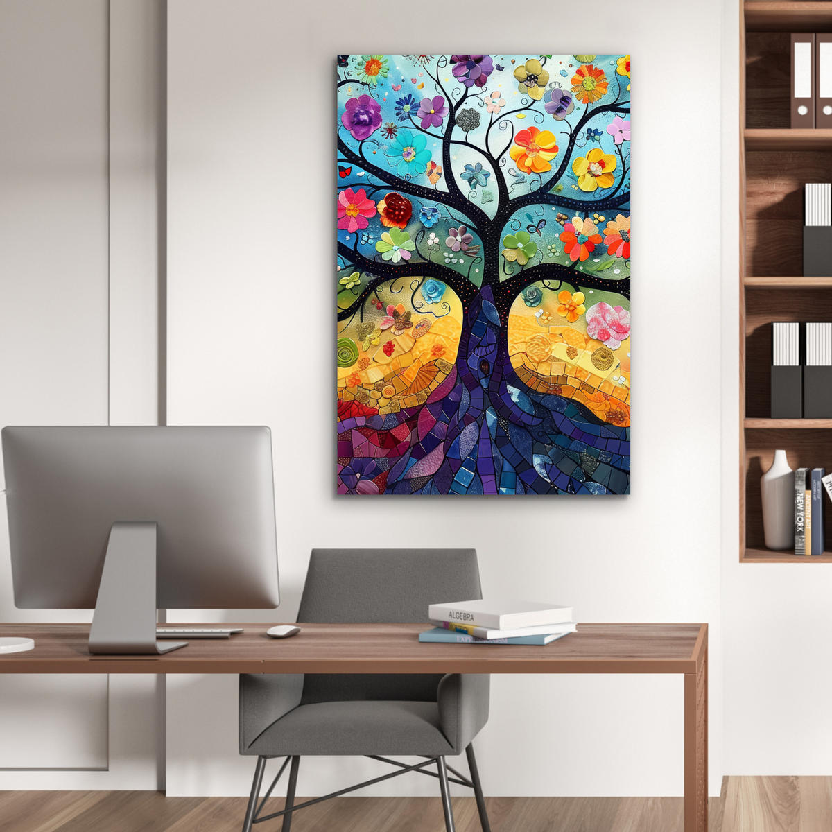 METALLBILD Kunst - Baum des Lebens - Blumen - Hippie 60x90 cm - Dunkelblau, Metall (60/90cm) - MuchoWow
