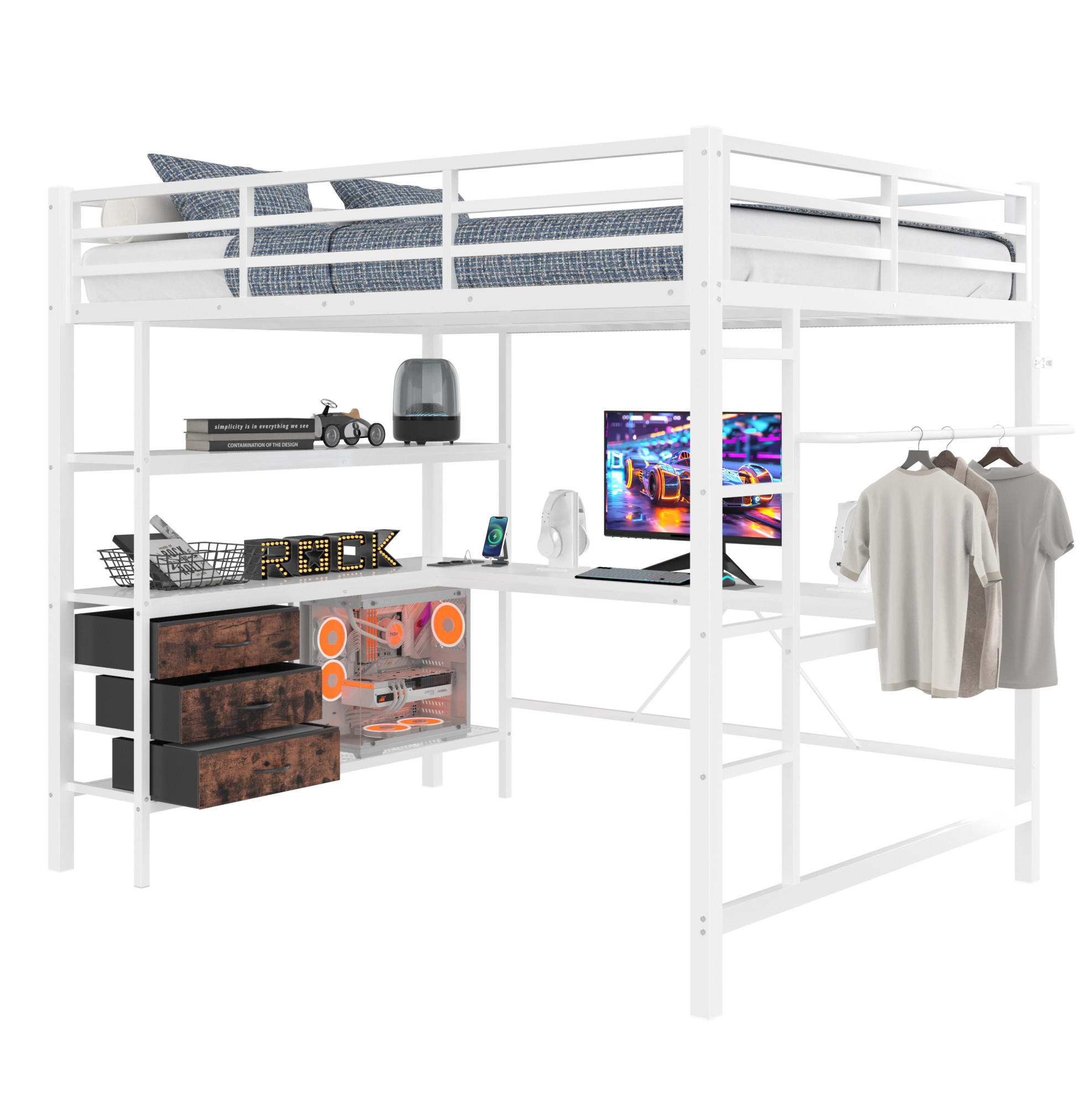 HOCHBETT 140/200 cm Weiß mit LED-Beleuchtung mit Schreibtisch mit Steckdose + USB mit 3 Schubladen - Weiß, Metall (140/200cm) - OKWISH