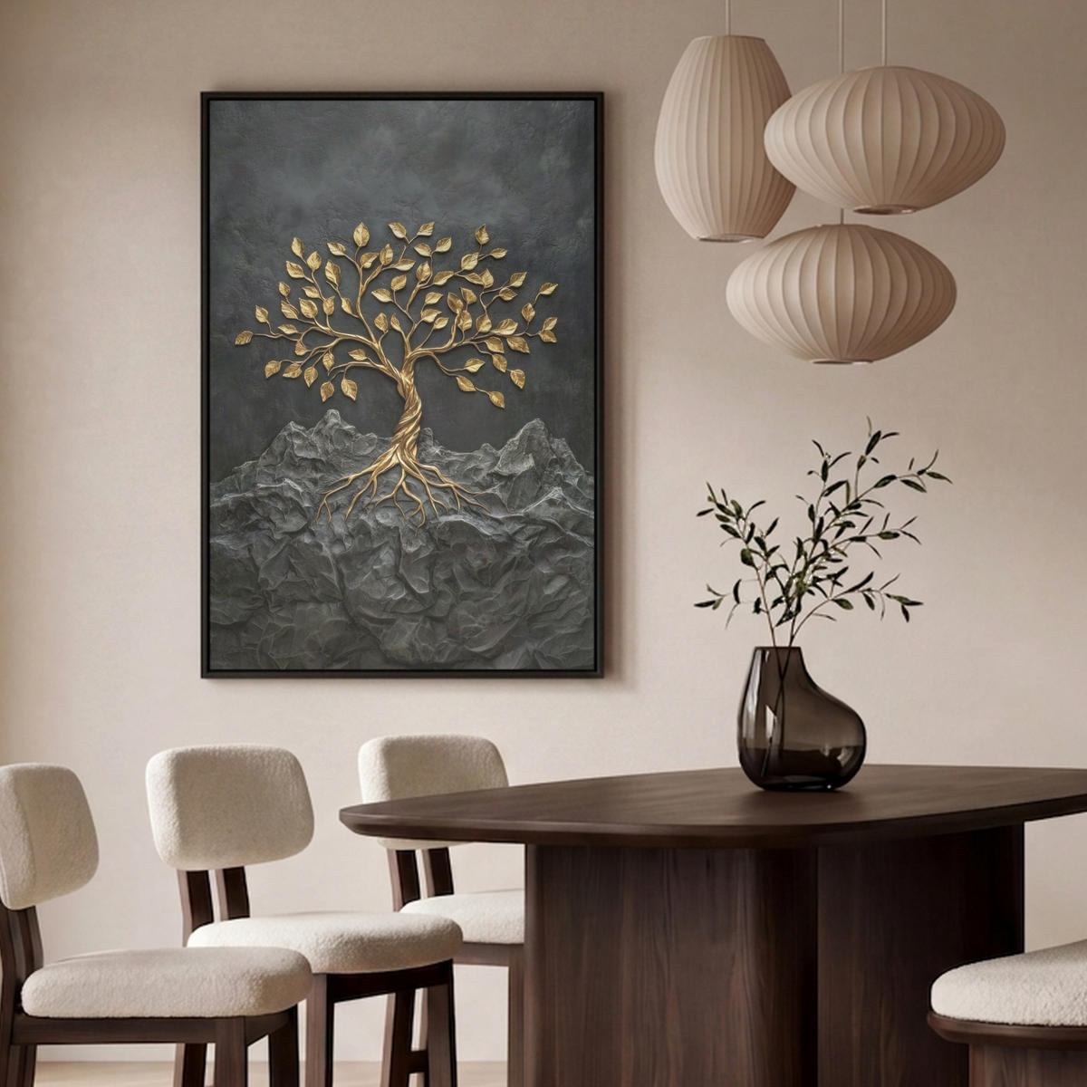 LEINWAND Bilder mit Rahmen - Blätter - Gold - Baum - Fels - 100x150 - Schwarz, Textil (100/150cm) - MuchoWow