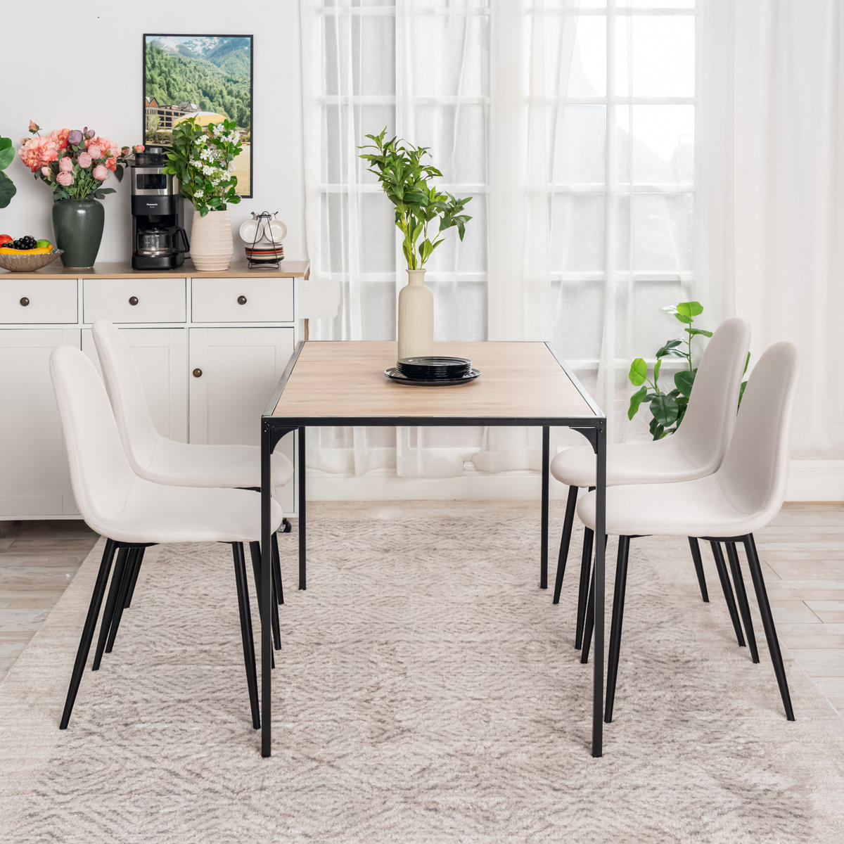 ESSZIMMER SET – 1 Tisch + 4 Stühle – Holzoptik & Beige Stoff - Beige, Holzwerkstoff/Metall (120/75/80cm) - Urban Meuble