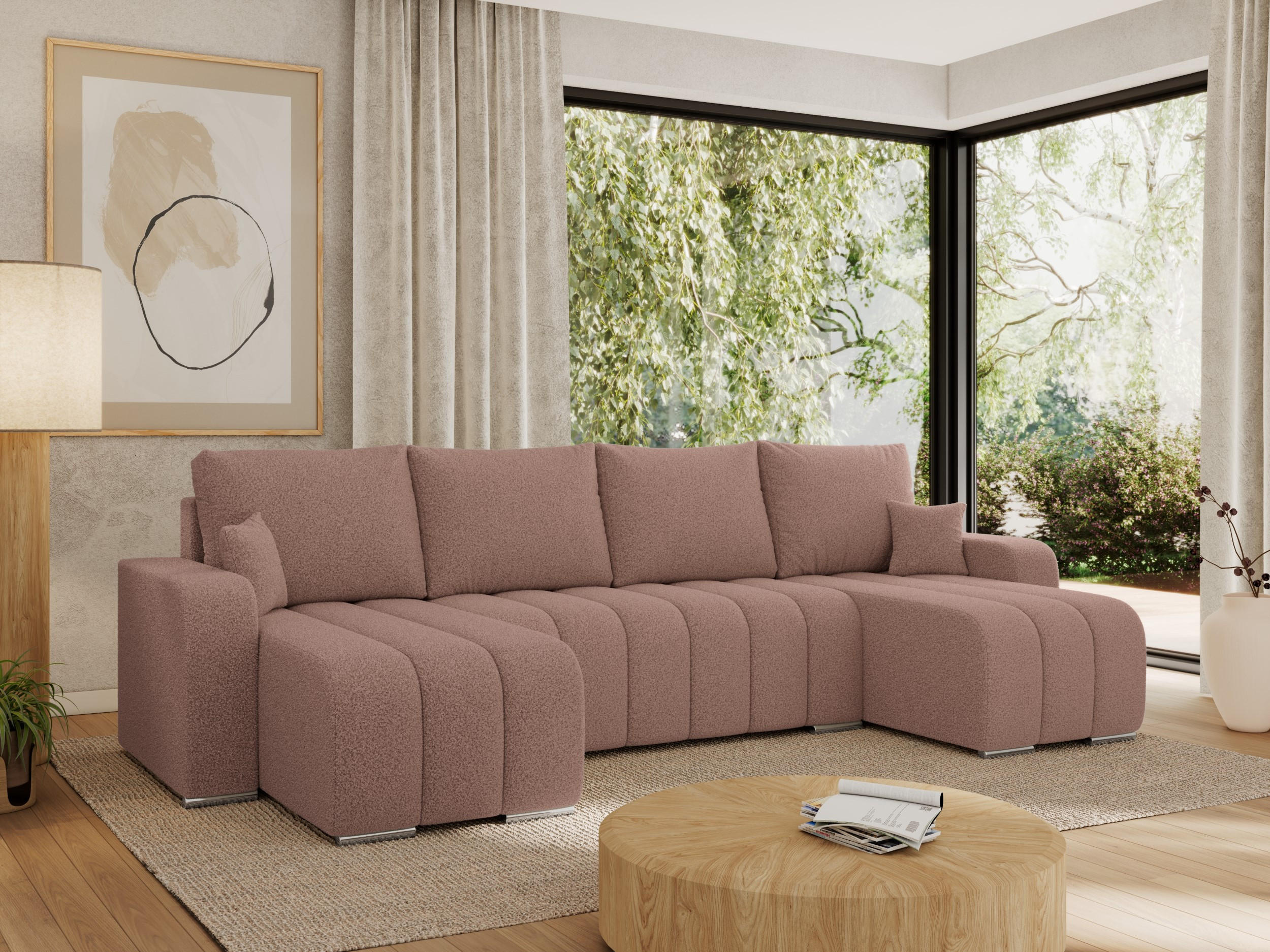 WOHNLANDSCHAFT KIRASSO U Rosa Boucle - Rosa/Grau, Textil/Metall (320/86/147cm) - MKS