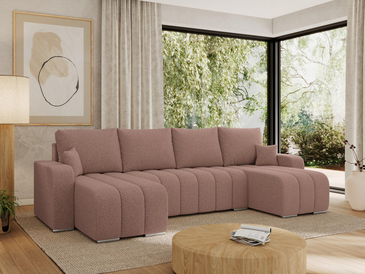 WOHNLANDSCHAFT KIRASSO U Rosa Boucle - Rosa/Grau, Textil/Metall (320/86/147cm) - MKS