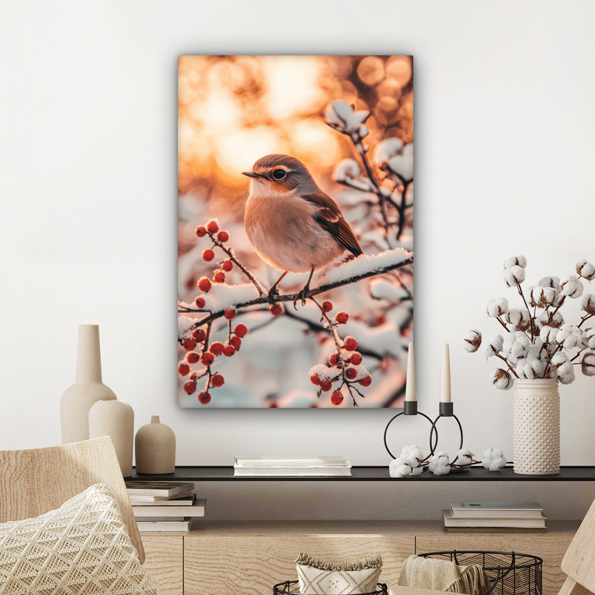 LEINWANDBILD Vogel - Zweig - Winter - Tiere - Schnee Wanddeko Schlafzimmer 60x90 cm - Bernsteinfarben, Textil (60/90cm) - MuchoWow