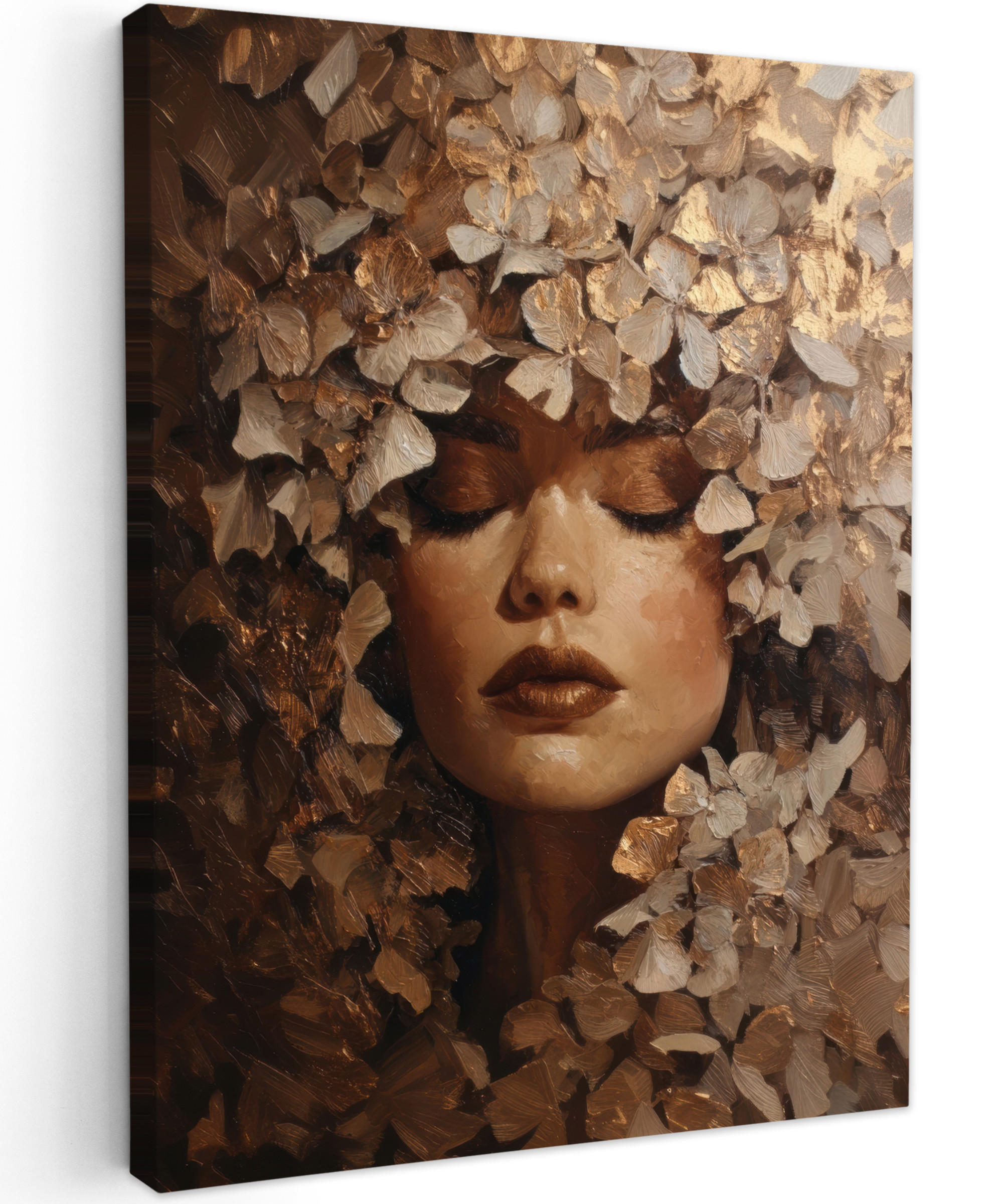 LEINWANDBILD Gesicht - Dame - Blätter - Pinselstriche Wandbild Wohnzimmer 60x80 cm - Goldfarben, Textil (60/80cm) - MuchoWow